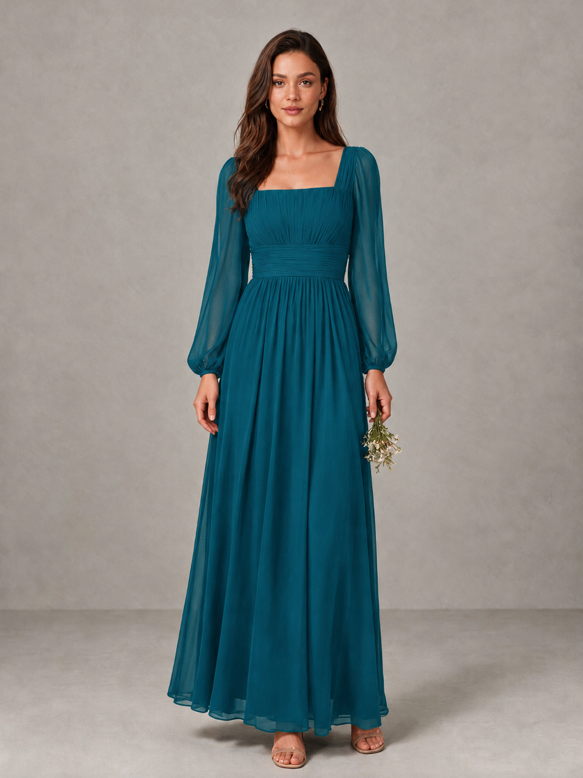 BOLODOO Peacock Square Neck Long Sleeve Chiffon Bridesmaid Dress - Peacock - Peacock_1