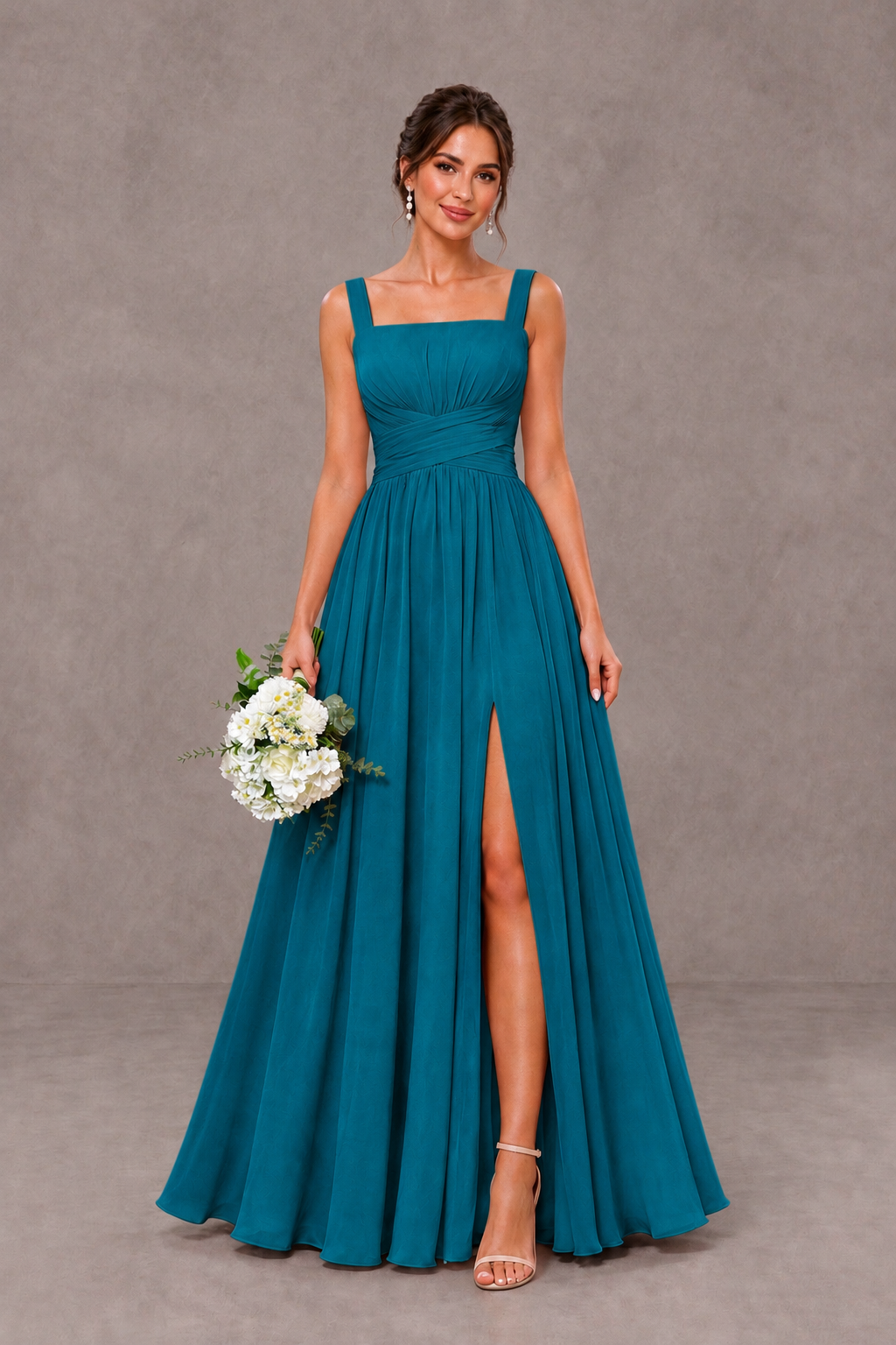 BOLODOO Peacock Square Neck A-Line Bridesmaid Dress with Slit - Peacock - Peacock_1