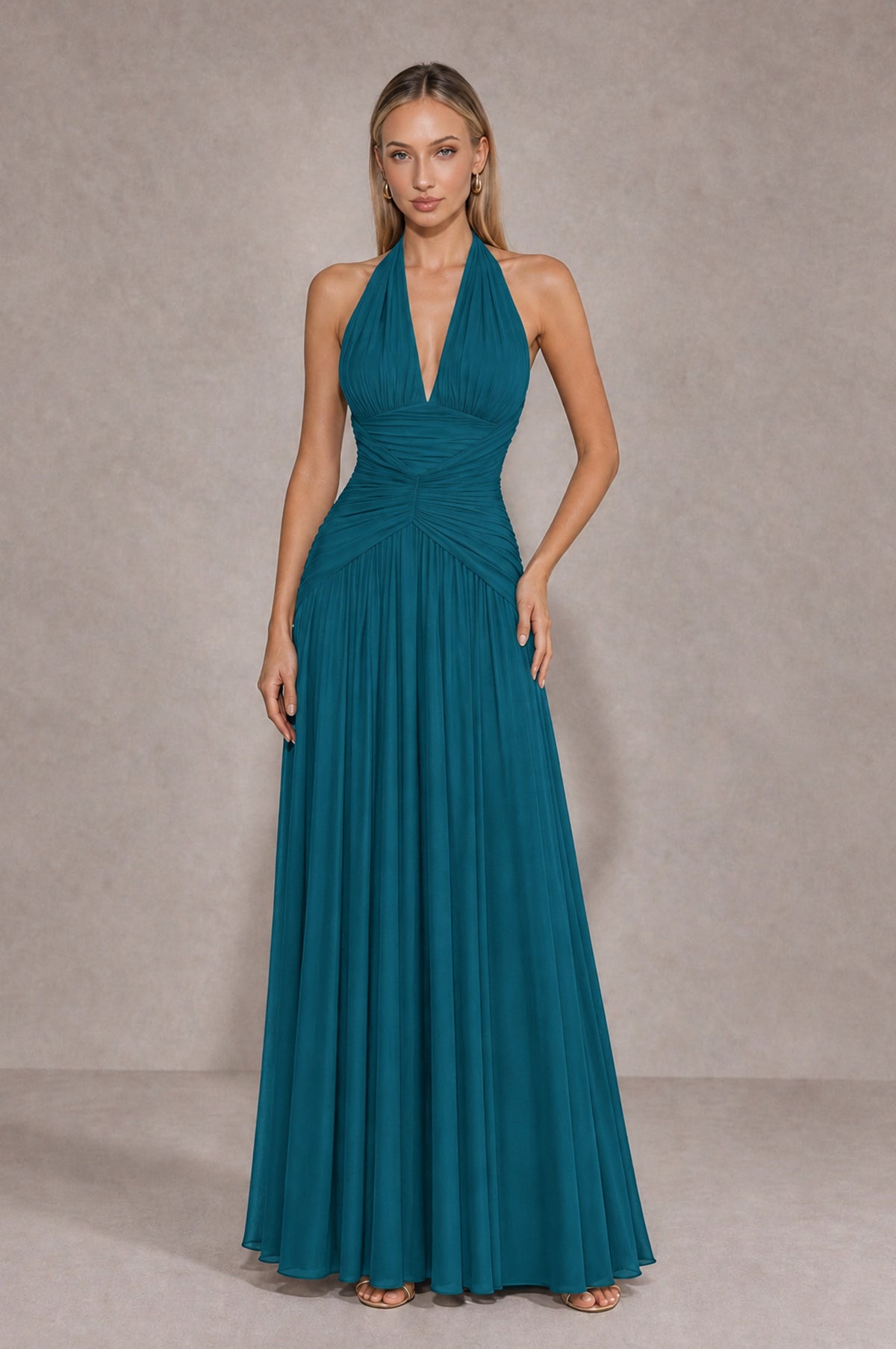 BOLODOO Peacock Chiffon Halter Deep V-Neck Ruched A-Line Backless Maxi Dress with Train-BD0167 - Peacock - Peacock_1