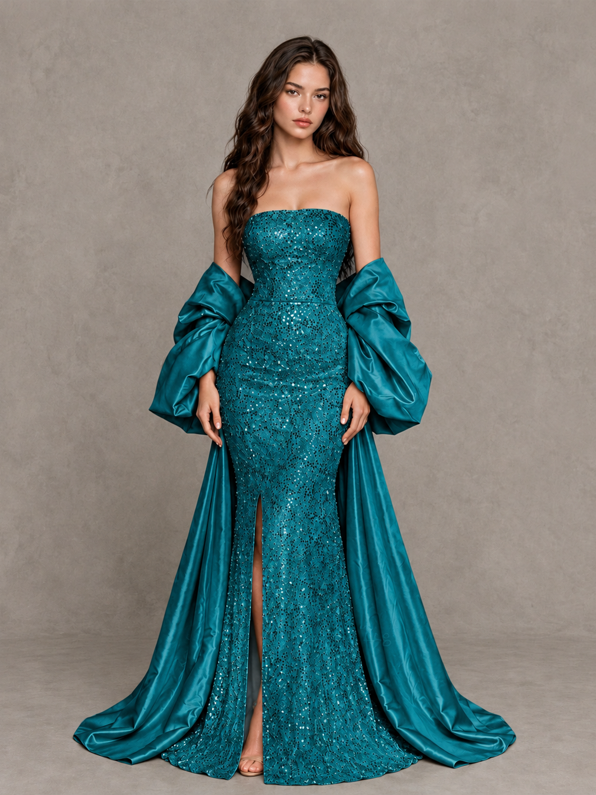 BOLODOO Peacock Strapless Sparkle Mermaid Prom Dress with Front Slit and Draped Sleeves - Peacock - Peacock_1