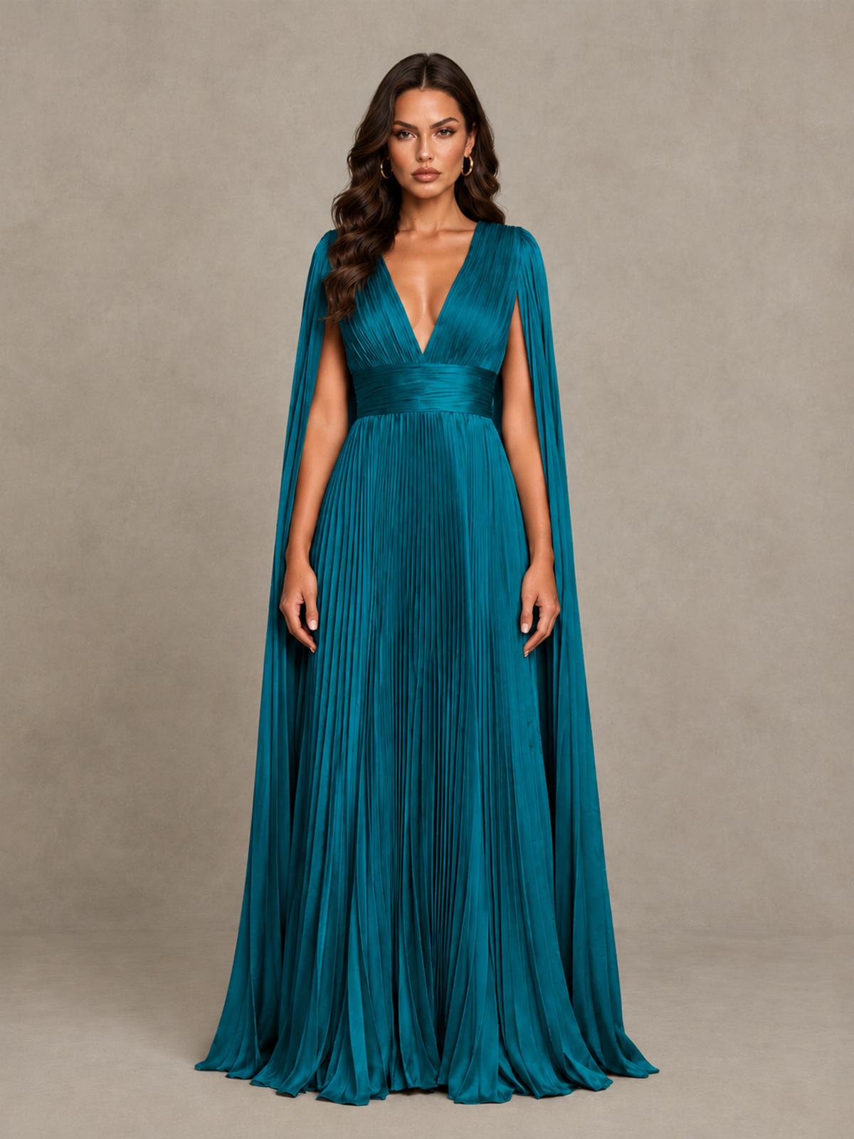 BOLODOO Peacock Deep V-Neck Pleated Cape Sleeve Evening Gown - Peacock - Peacock_1