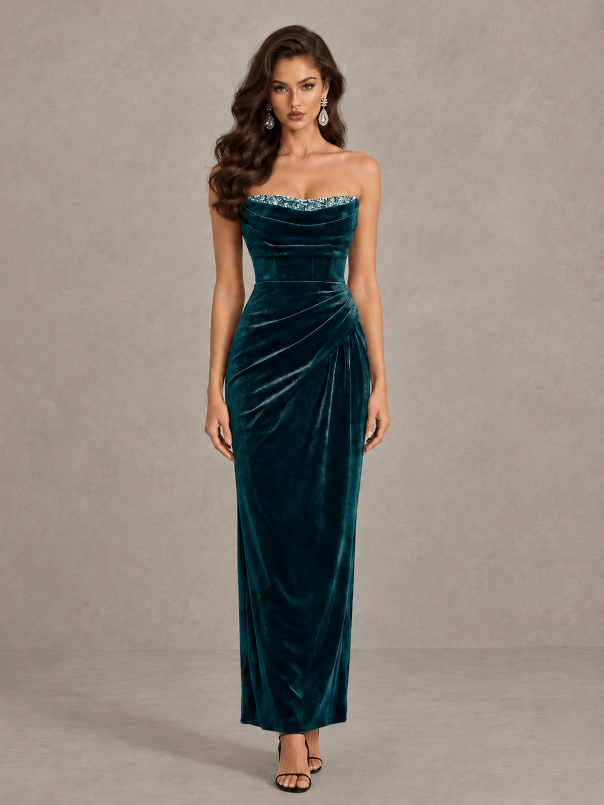 BOLODOO Peacock Strapless Velvet Cocktail Maxi Dress - Peacock - Peacock_1