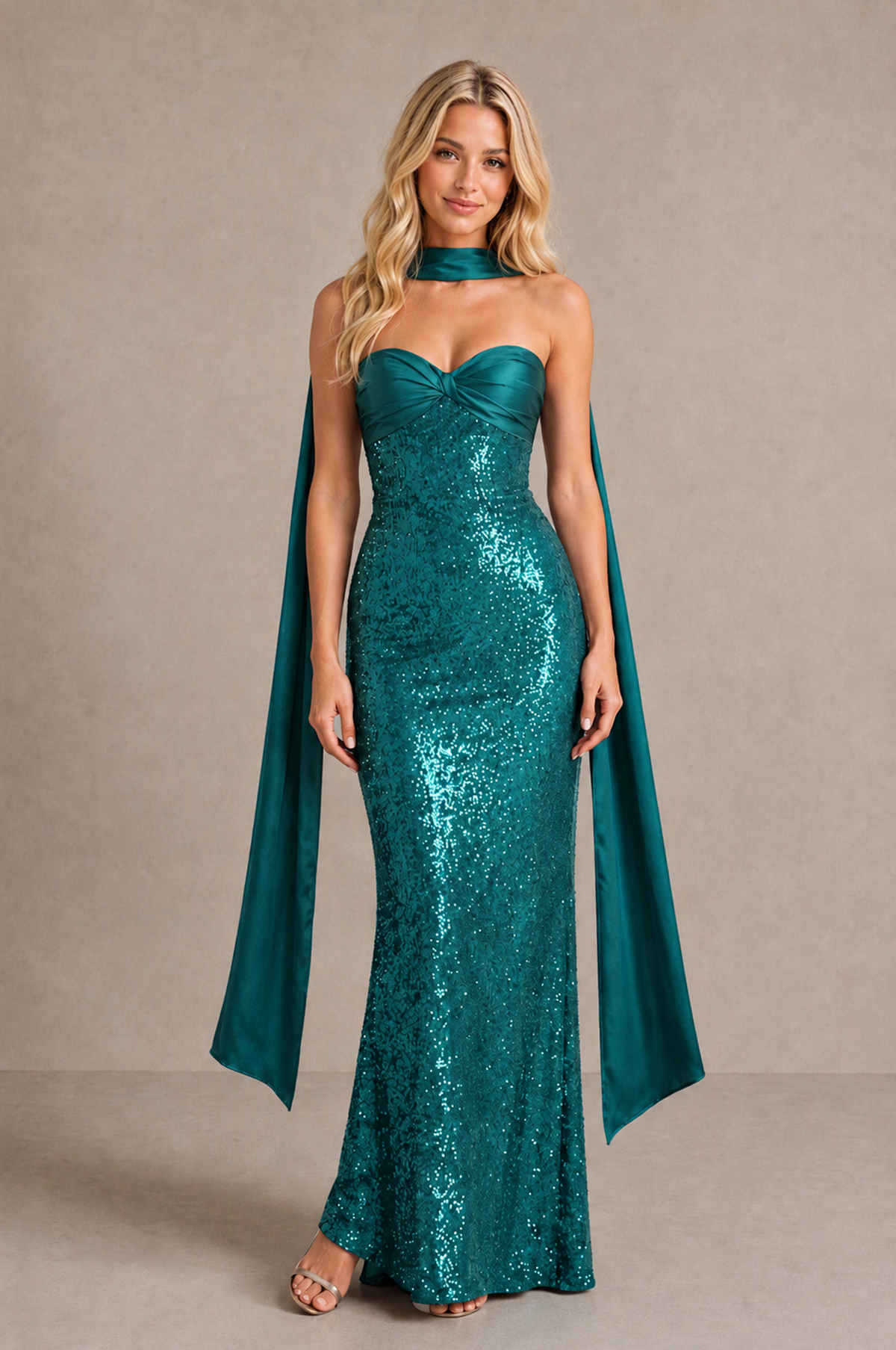 BOLODOO Peacock Strapless Sweetheart Evening Dress with Scarf - Peacock - Peacock_1
