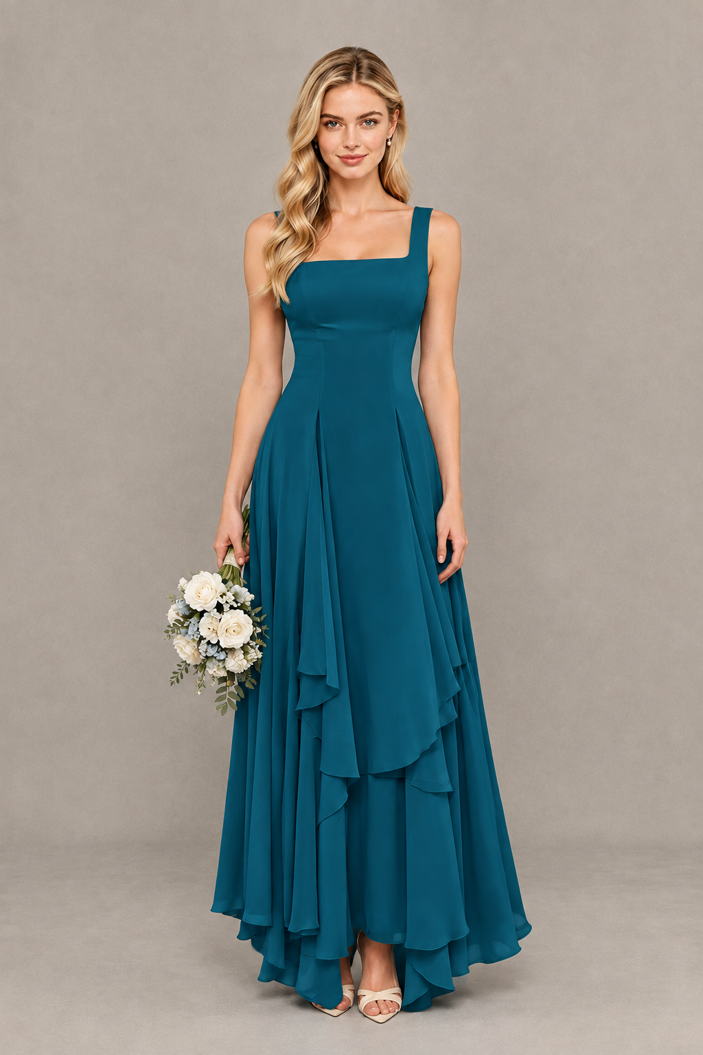 BOLODOO Peacock Square Neck Chiffon Bridesmaid Dress with Lace-Up Back - Peacock