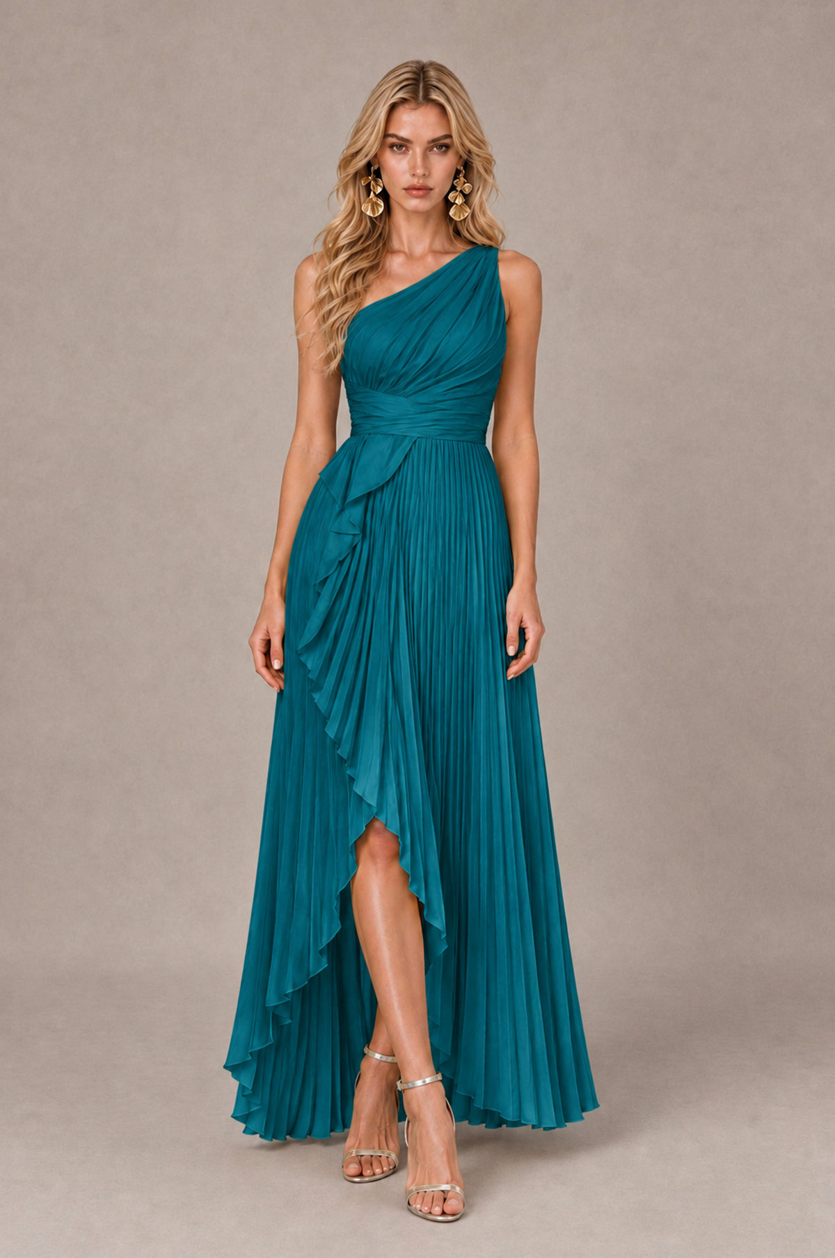 BOLODOO Peacock One-Shoulder High-Low Ruffle Maxi Dress - Peacock - Peacock_1