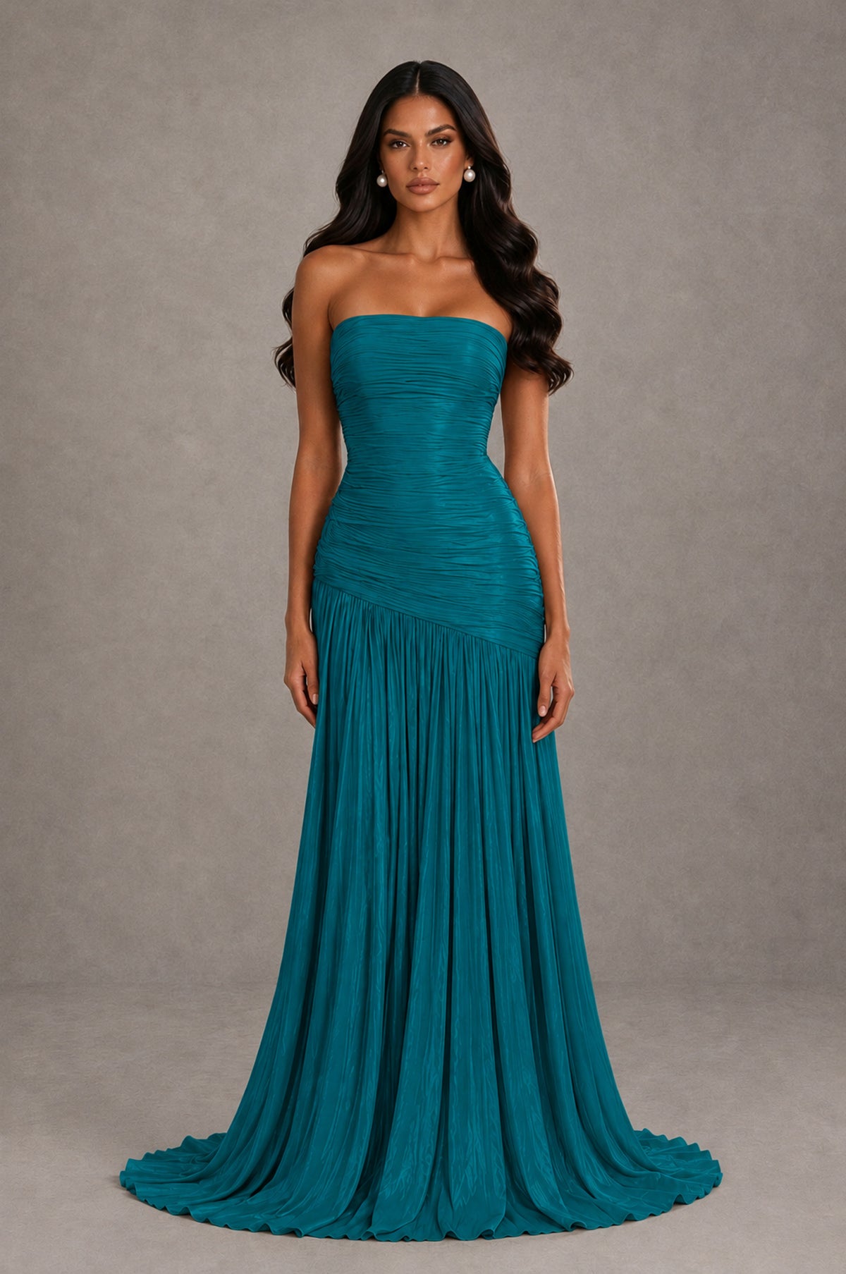 BOLODOO Peacock Metallic Ruched Strapless Pleated A-Line Backless Maxi Dress with Train - Peacock - Peacock_1