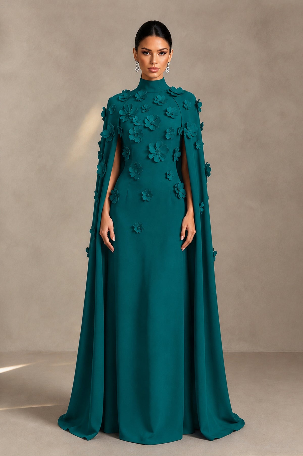 BOLODOO Peacock 3D Floral Applique Cape Formal Dress - Peacock - Peacock_1