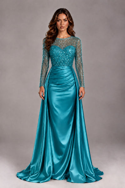 BOLODOO Peacock Long Sleeve Embellished Satin Evening Gown with Sweep Train - Peacock - Peacock_1