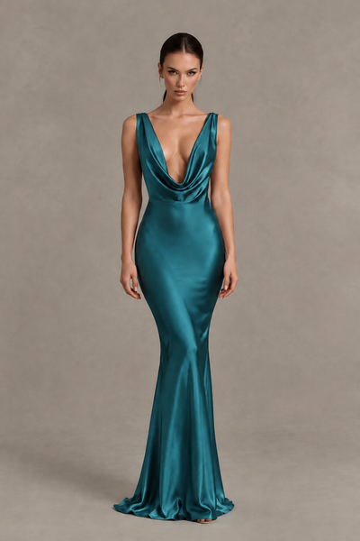 BOLODOO Peacock Cowl Neck Backless Satin Mermaid Evening Dress - Peacock - Peacock_1