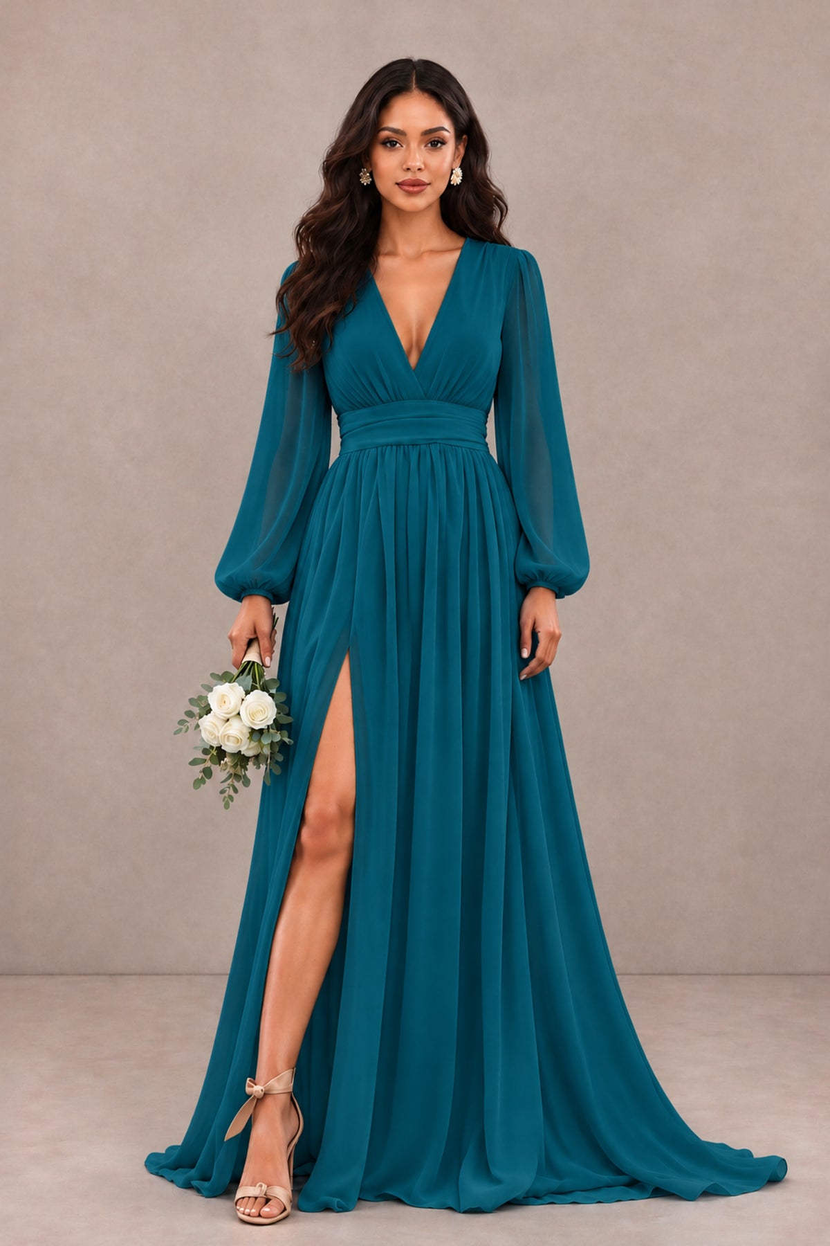 BOLODOO Peacock Long Sleeve V-Neck A-Line Gown with Open Back & Slit - Peacock - Peacock_1