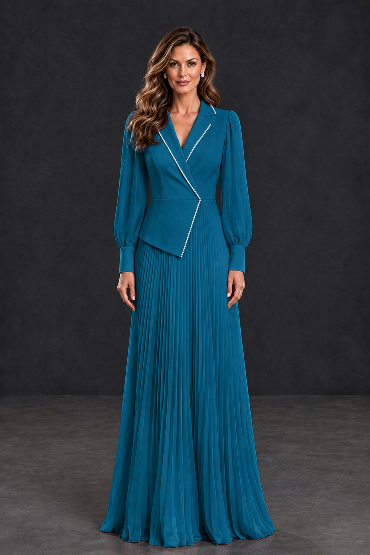 BOLODOO Peacock Long Sleeve Pleated Mother of the Bride Dress - Peacock - Peacock_1