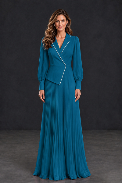 BOLODOO Peacock Long Sleeve Pleated Mother of the Bride Dress - Peacock - Peacock_1