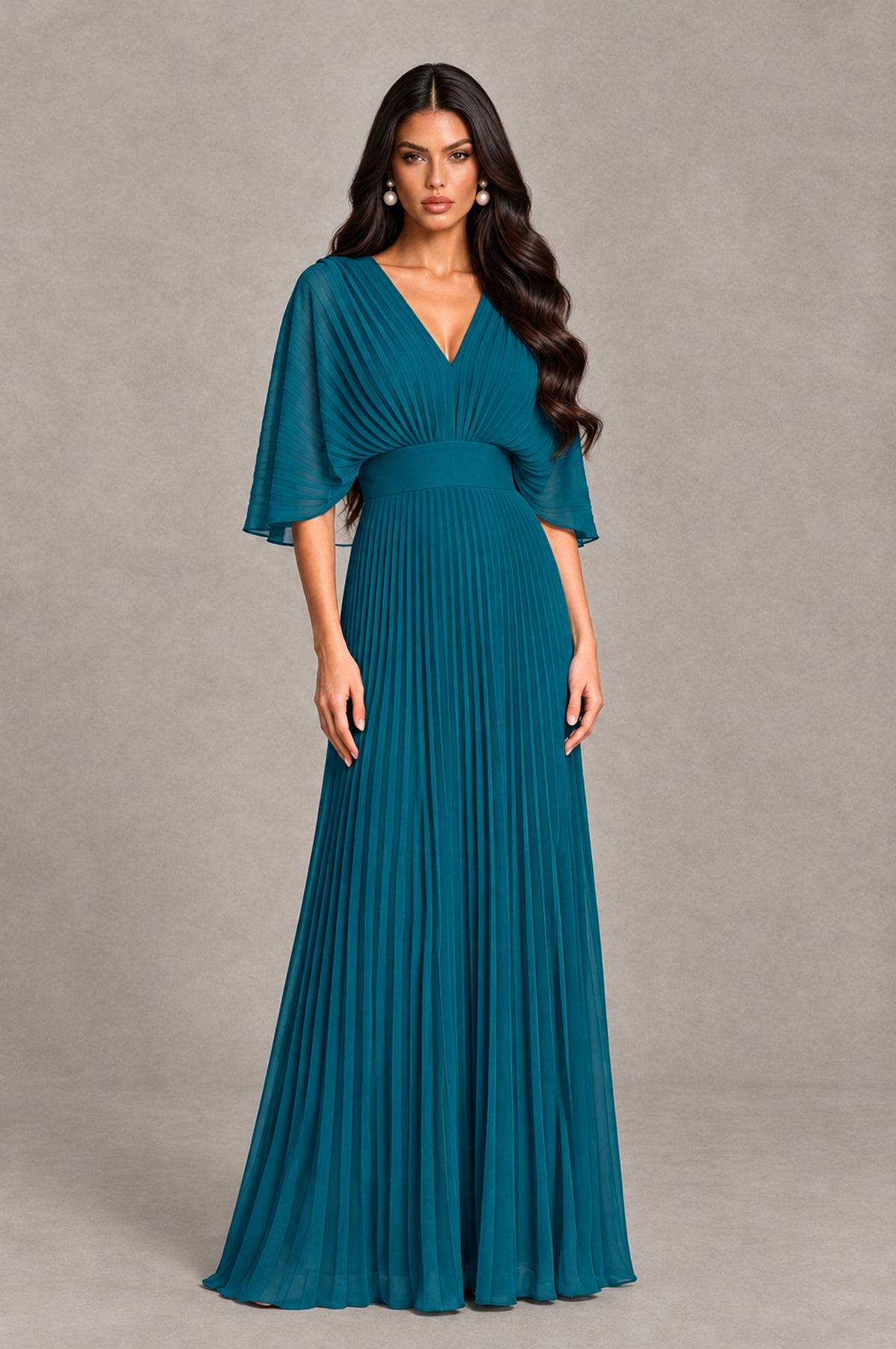 BOLODOO Peacock V-Neck Pleated Flutter Sleeve Formal Dress - Peacock - Peacock_1