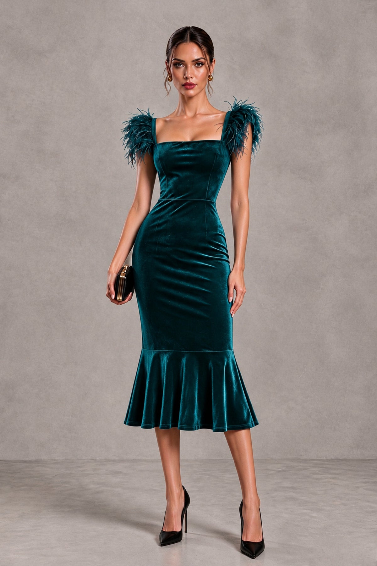 BOLODOO Peacock Feather-Trim Velvet-Look Mermaid Midi Dress - Peacock - Peacock_1