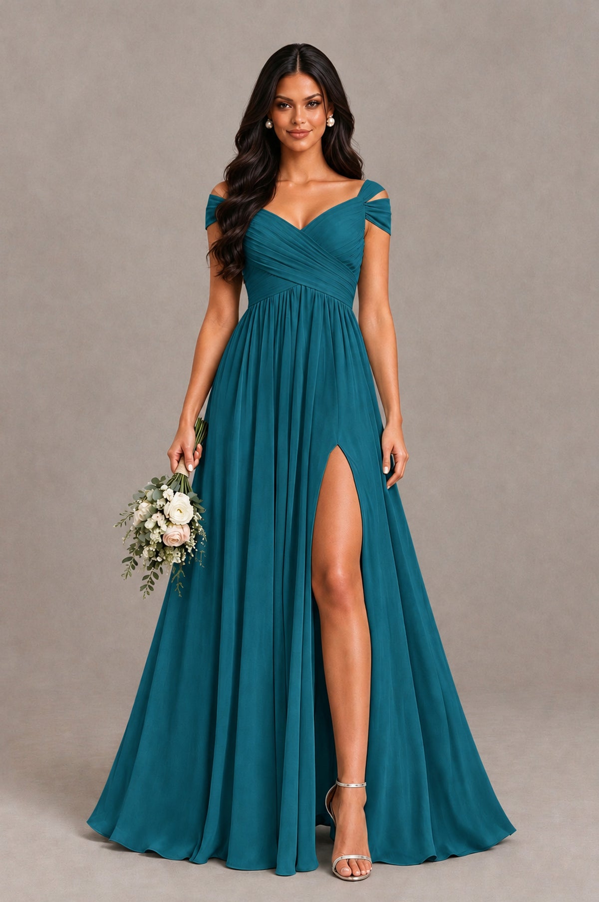 BOLODOO Peacock Cold Shoulder Chiffon Evening Dress with V Neck and High Slit - Peacock - Peacock_1