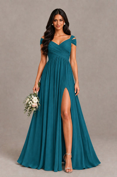 BOLODOO Peacock Cold Shoulder Chiffon Evening Dress with V Neck and High Slit - Peacock - Peacock_1