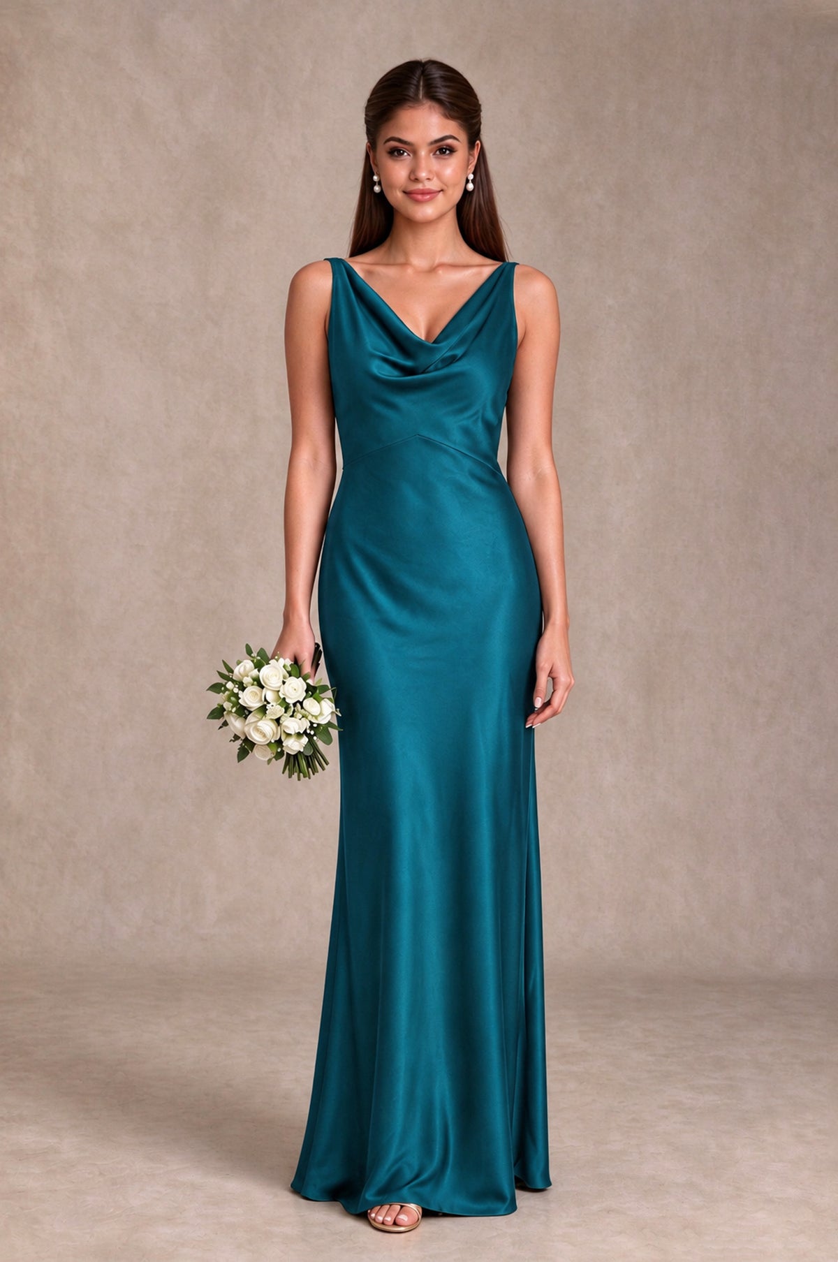 BOLODOO Peacock Cowl Neck Open Back Satin Bridesmaid Dress - Peacock - Peacock_1