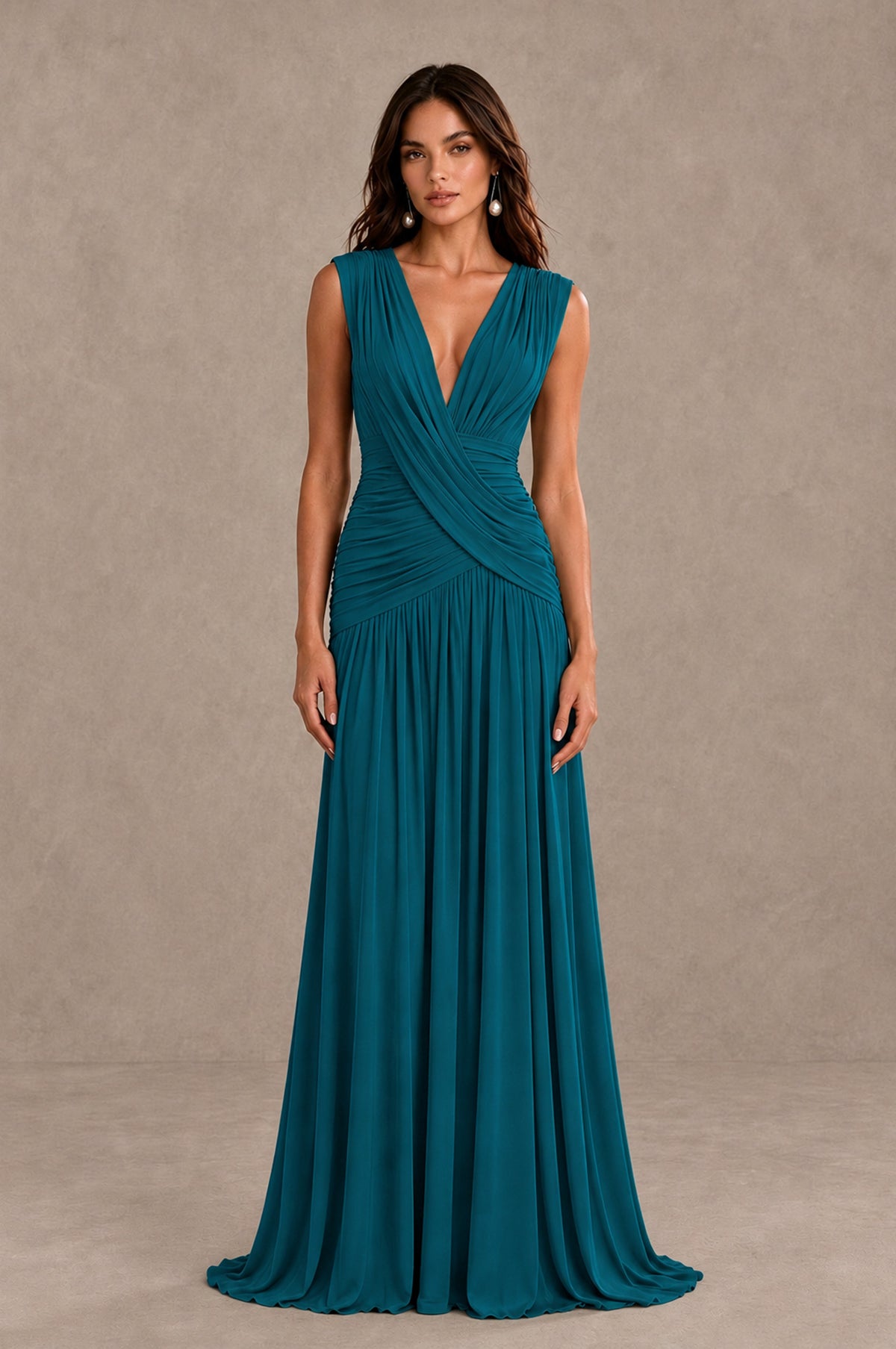 BOLODOO Peacock V-Neck Ruched Wedding Guest Dress - Peacock - Peacock_1