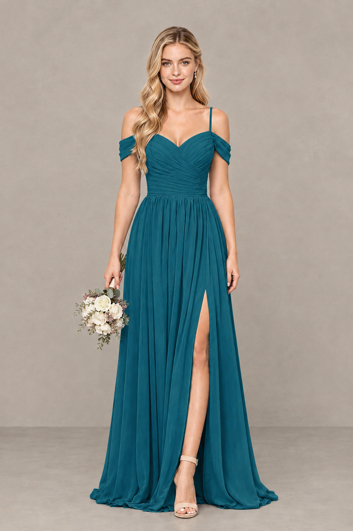 BOLODOO Peacock Off-Shoulder Bridesmaid Dress with Slit - Peacock