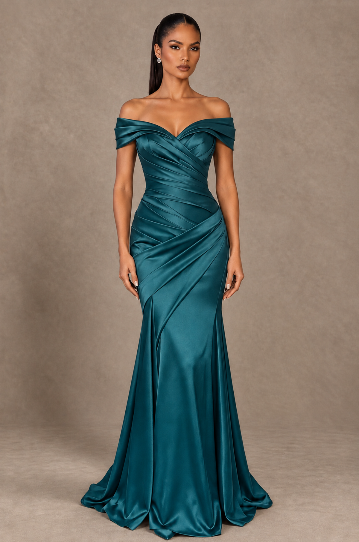 BOLODOO Peacock Off-the-Shoulder Ruched Satin Mermaid Evening Dress - Peacock - Peacock_1