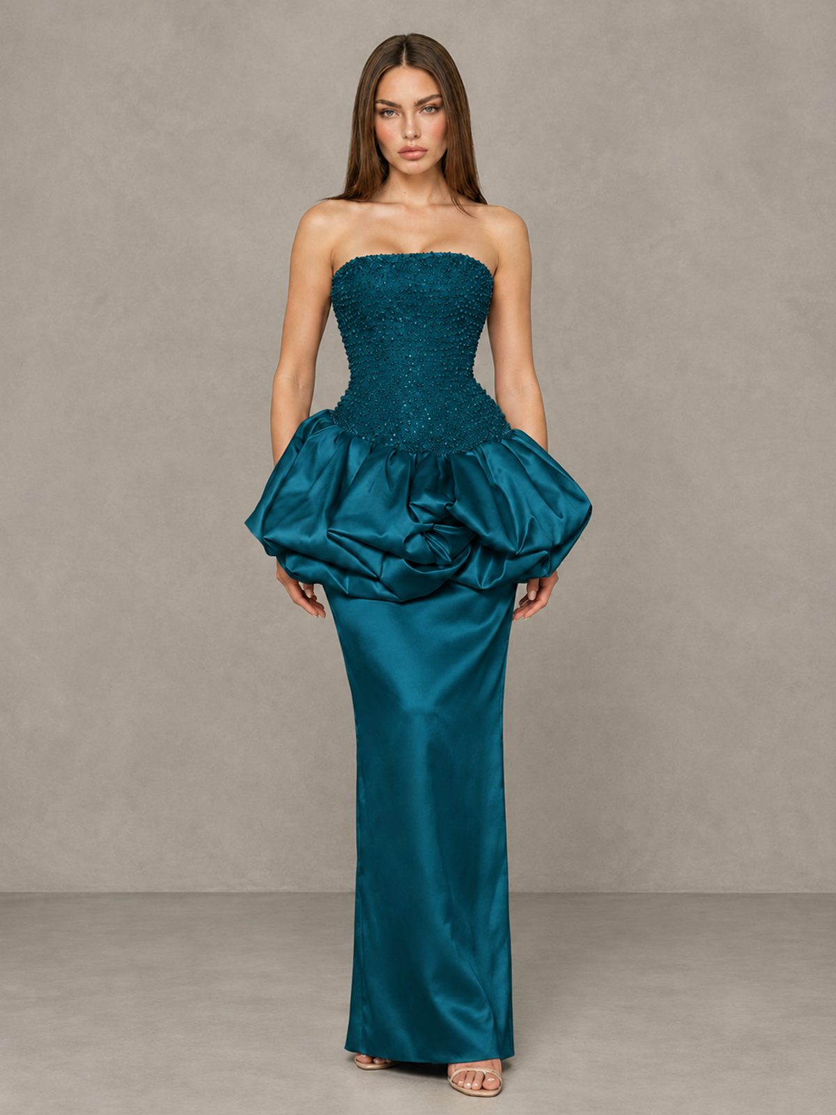 BOLODOO Peacock Strapless Embellished Bubble Peplum Evening Dress - Peacock - Peacock_1