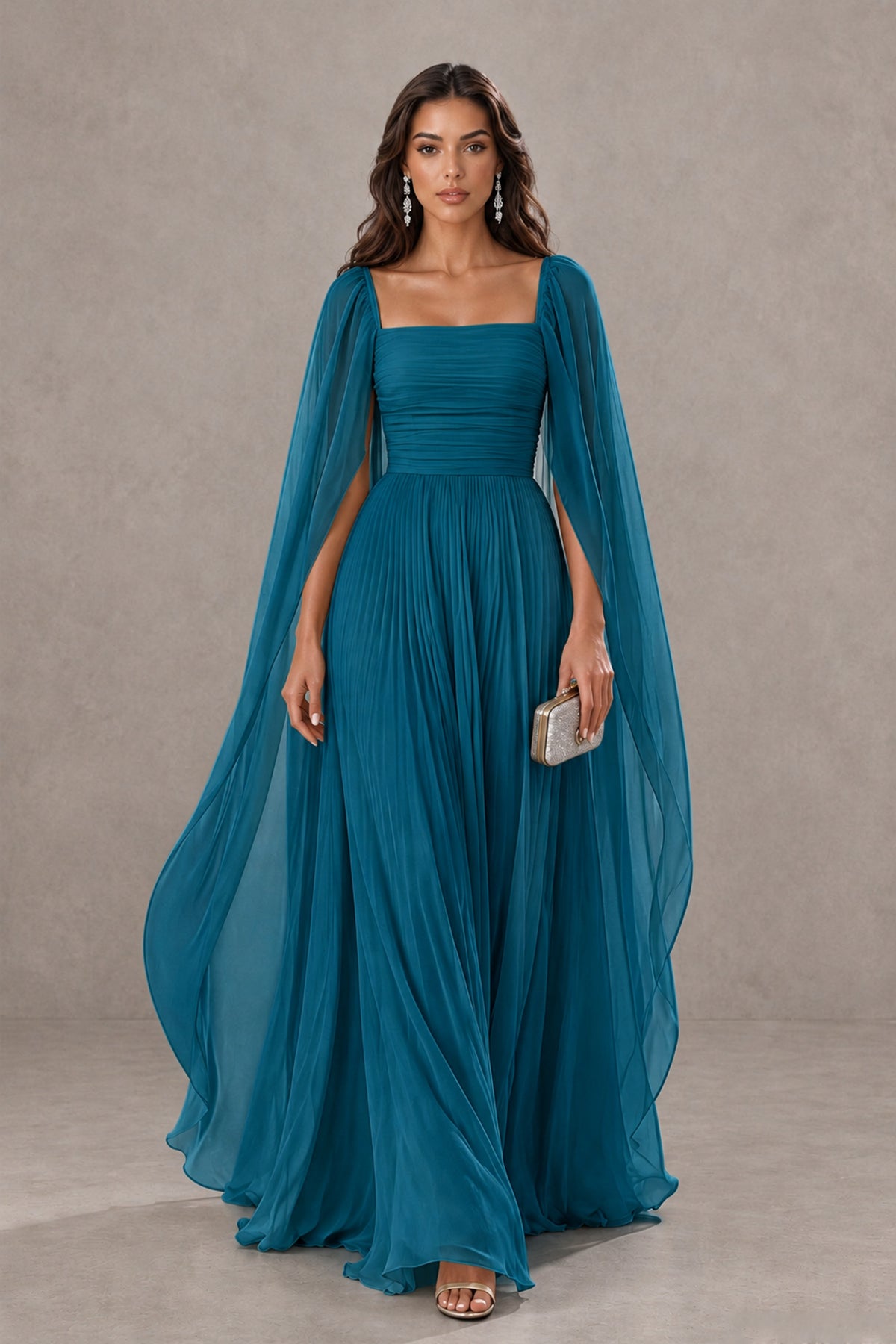 BOLODOO Peacock Square Neck Cape Sleeve A-Line Evening Dress - Peacock - Peacock_1