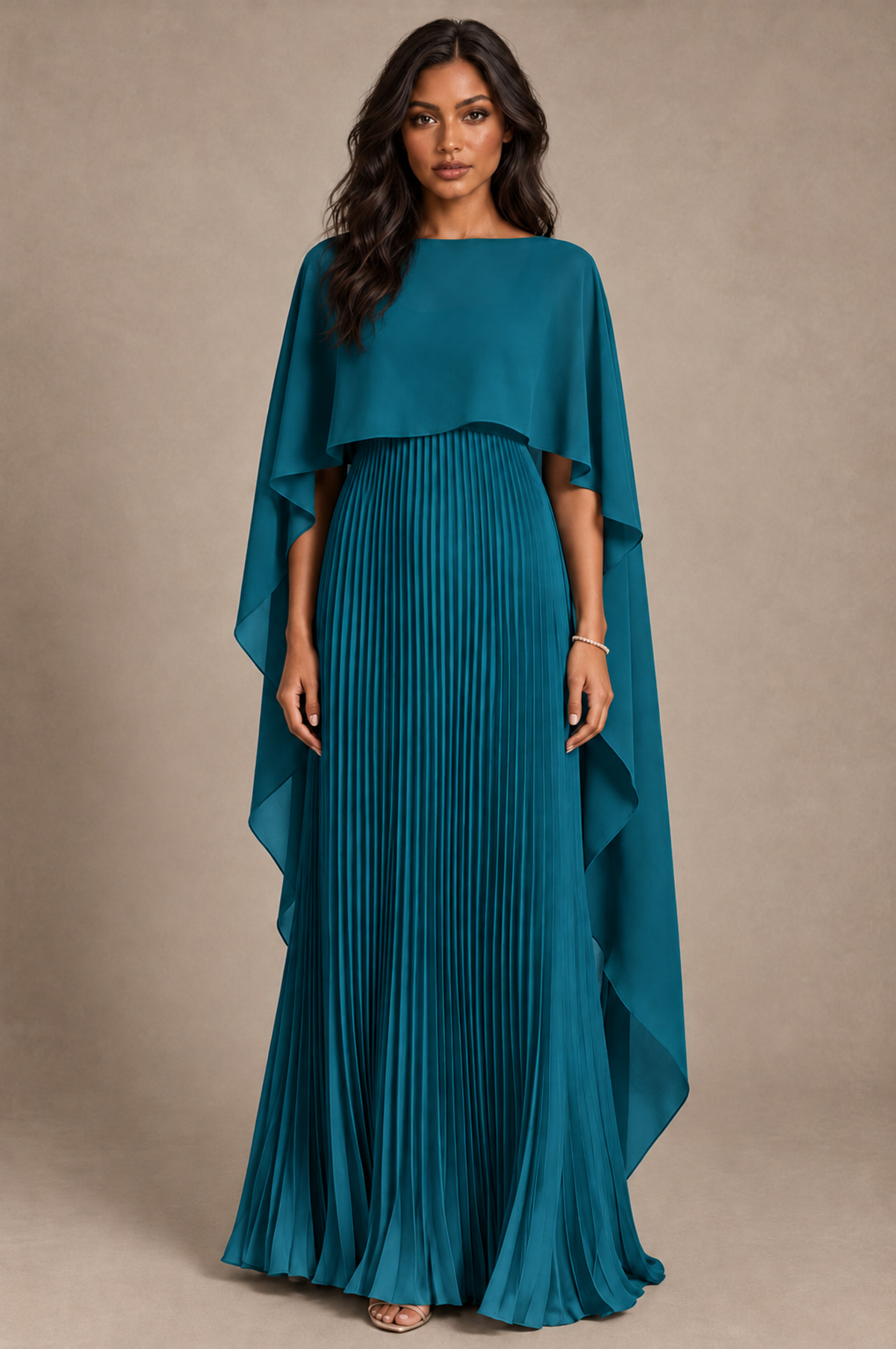 BOLODOO Peacock Pleated Cape A-Line Evening Dress - Peacock - Peacock_1
