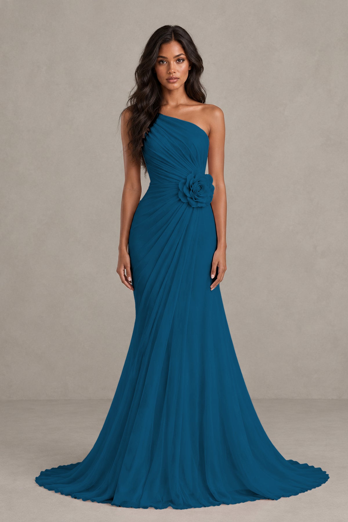 BOLODOO Peacock One-Shoulder Floral Ruched Maxi Dress - Peacock