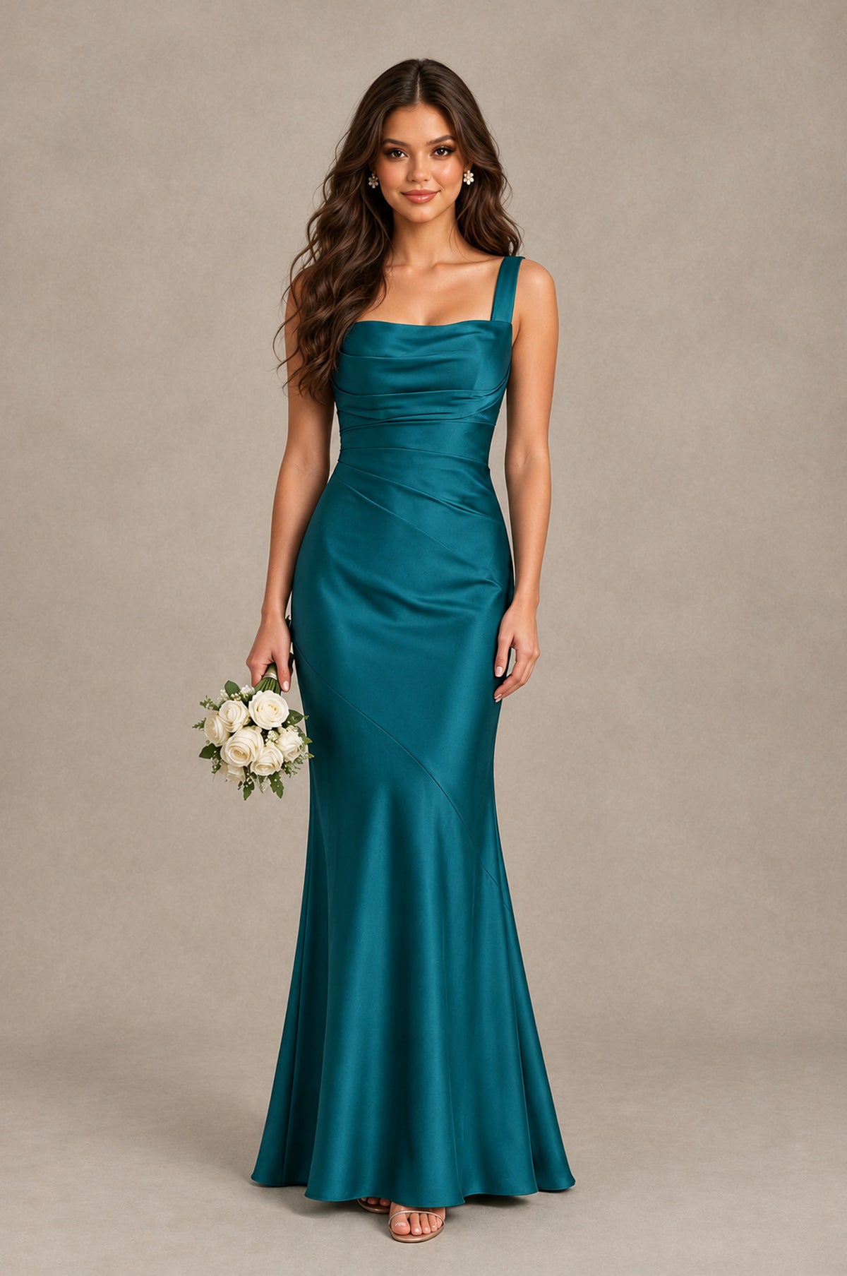 BOLODOO Peacock Square Neck Ruched Satin Lace-Up Bridesmaid Dress - Peacock - Peacock_1