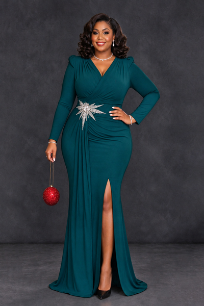 BOLODOO Peacock Plus Size Long Sleeve V-Neck Mother of the Bride Dress with Slit - Peacock - Peacock_1