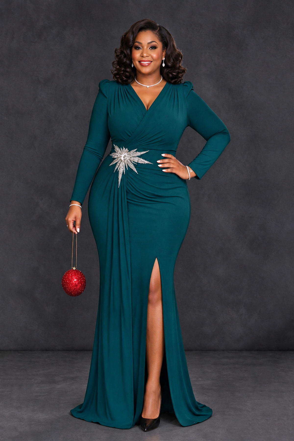 BOLODOO Peacock Plus Size Long Sleeve V-Neck Mother of the Bride Dress with Slit - Peacock - Peacock_1