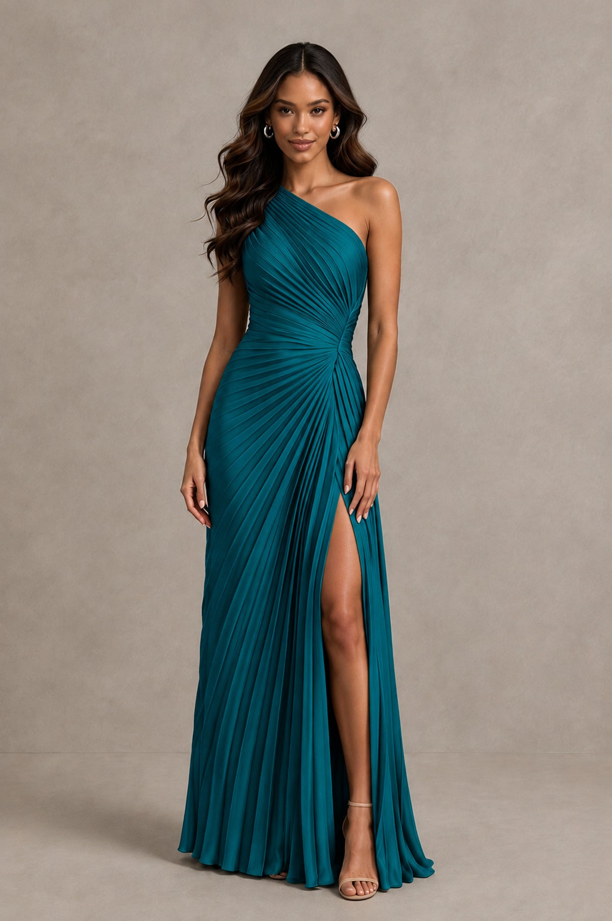 BOLODOO Peacock One Shoulder Pleated Evening Dress with Ruched Waist and High Slit - Peacock - Peacock_1
