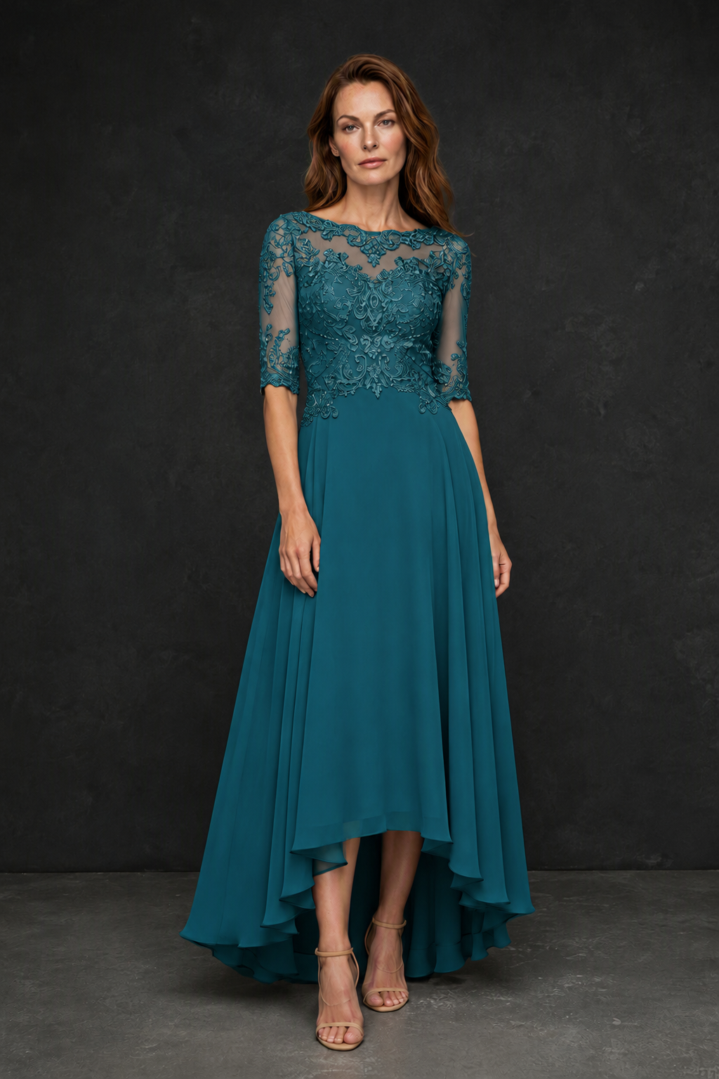 BOLODOO Peacock Illusion Lace 3/4 Sleeve Hi-Lo Chiffon A-Line Dress | Mother of the Bride Tea Length Dress - Peacock