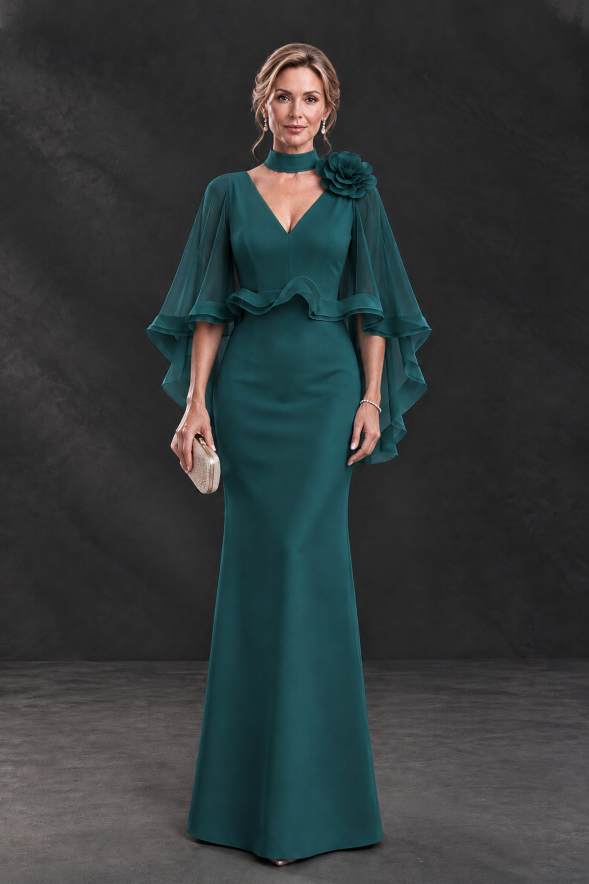 BOLODOO Peacock Floral Cape Sleeve Mother of the Bride Dress - Peacock - Peacock_1
