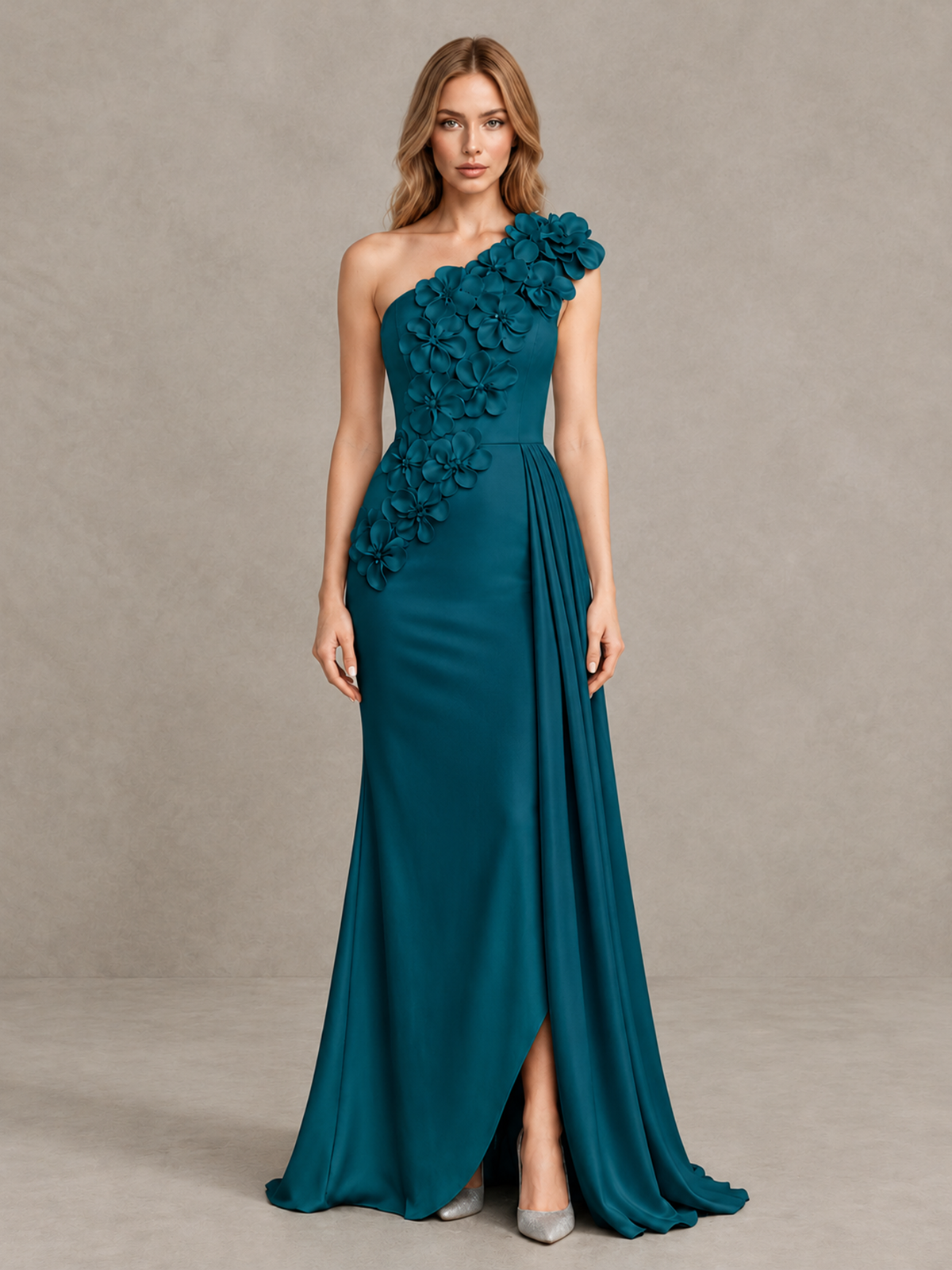 BOLODOO Peacock One-Shoulder Satin Mermaid Evening Gown with 3D Floral Appliqué - Peacock - Peacock_1