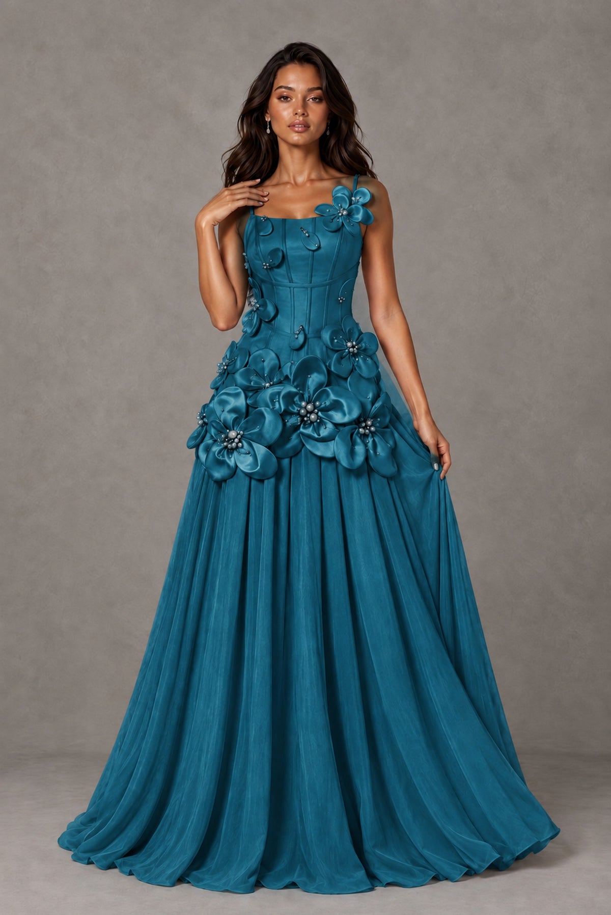 BOLODOO Peacock 3D Floral Appliqué Floor-Length A-Line Evening Gown - Peacock
