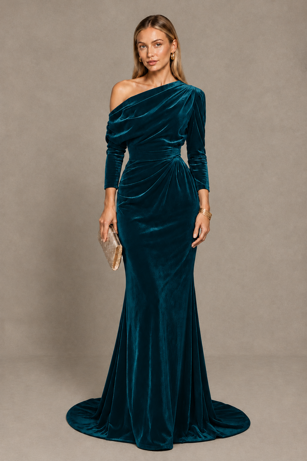 BOLODOO Peacock Velvet Asymmetric Neck Mermaid Evening Dress - Peacock - Peacock_1