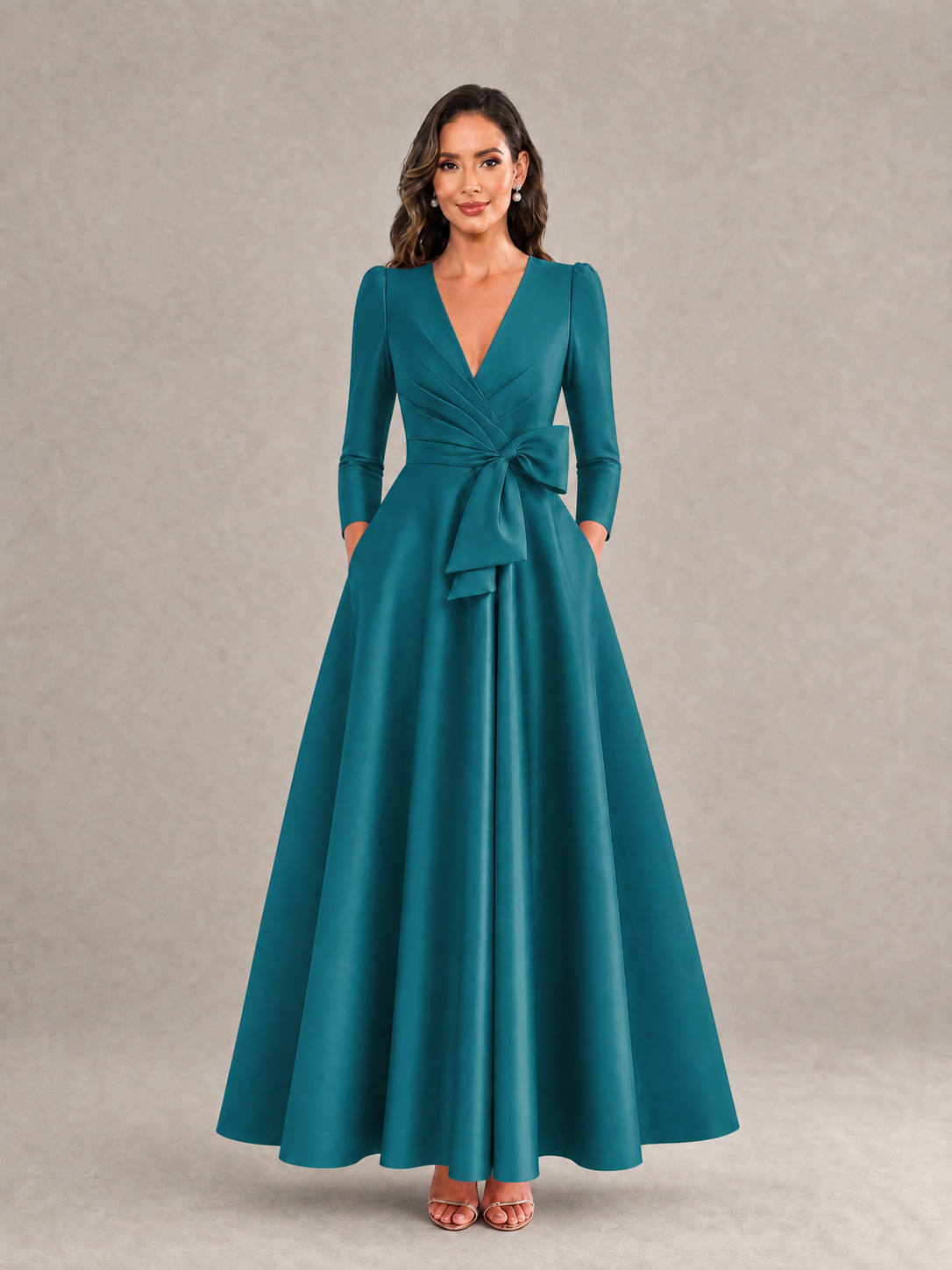 BOLODOO Peacock Satin Deep V-Neck Wrap 3/4 Puff Sleeve A-Line Ball Gown Maxi Dress with Oversized Bow Belt - Peacock