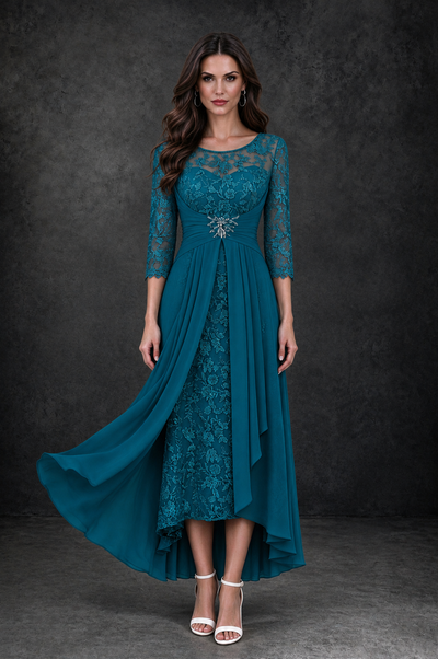 BOLODOO Peacock Sequin Lace & Chiffon Tea-Length Mother of the Bride Dress with 3/4 Sleeves - Peacock - Peacock_1