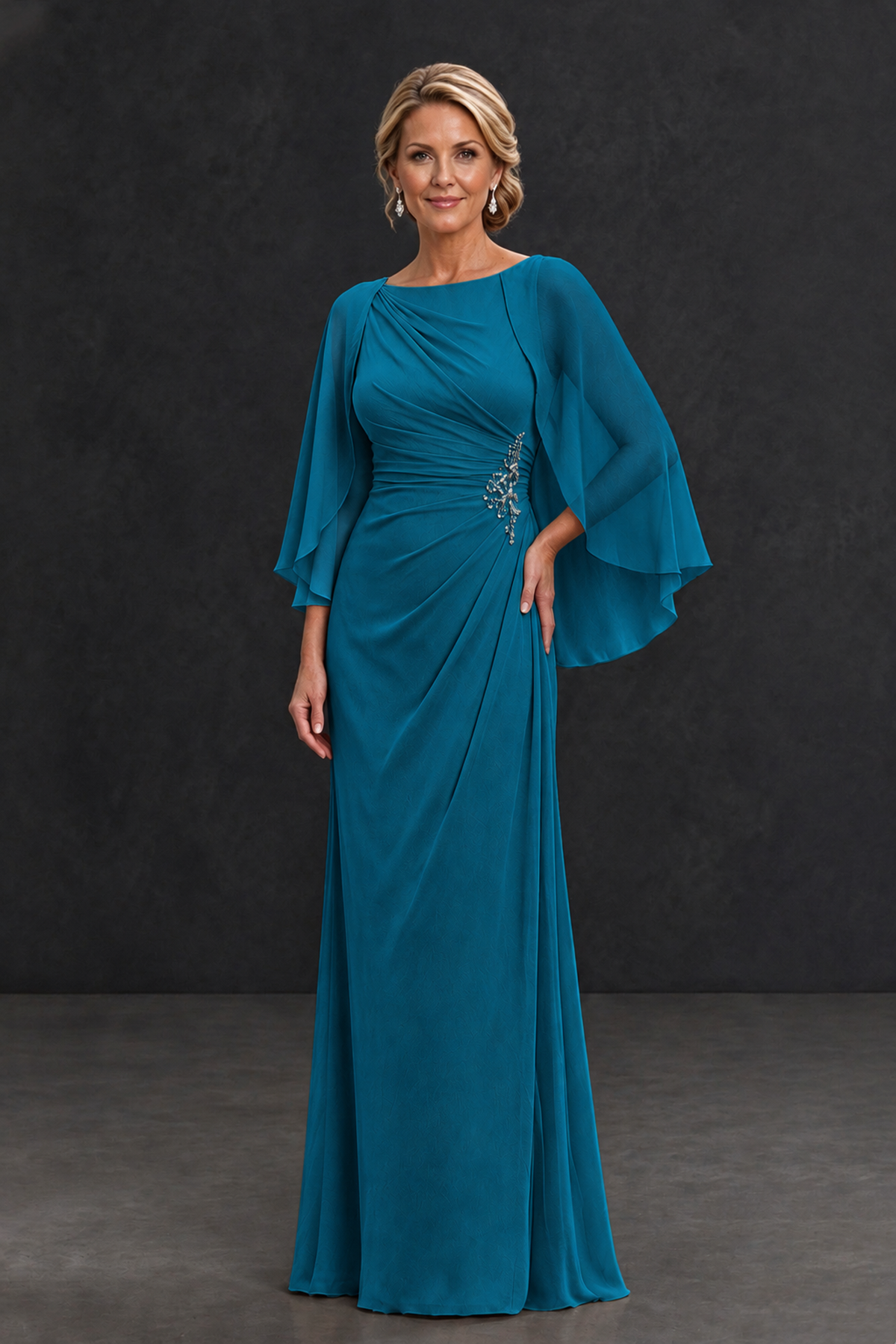 BOLODOO Peacock Cape Sleeve Mother of the Bride Dress with Ruched Waist - Peacock - Peacock_1