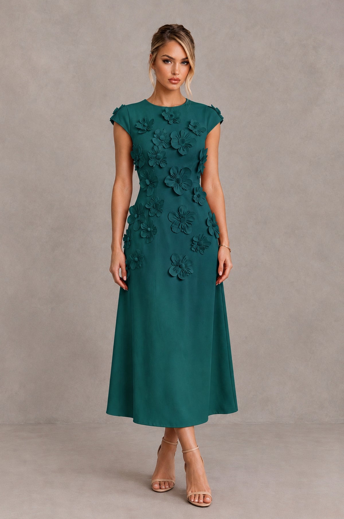 BOLODOO Peacock 3D Floral Cap Sleeve Midi Cocktail Dress - Peacock - Peacock_1