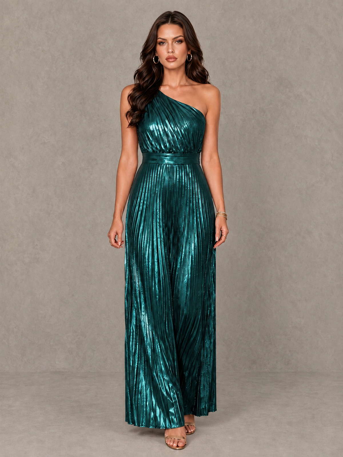 BOLODOO Peacock One-Shoulder Metallic Pleated Wide-Leg Jumpsuit - Peacock - Peacock_1