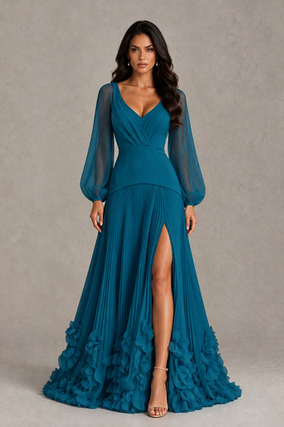BOLODOO Peacock V-Neck Long Sleeve Pleated Floral Hem Evening Dress - Peacock - Peacock_1