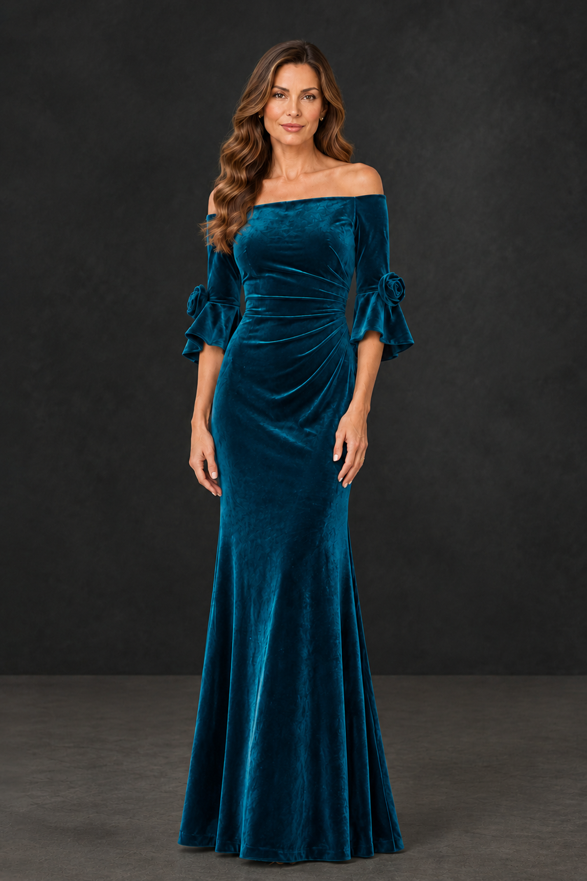 BOLODOO Peacock Velvet Mother of the Bride Dress with Rosette Sleeves - Peacock - Peacock_1
