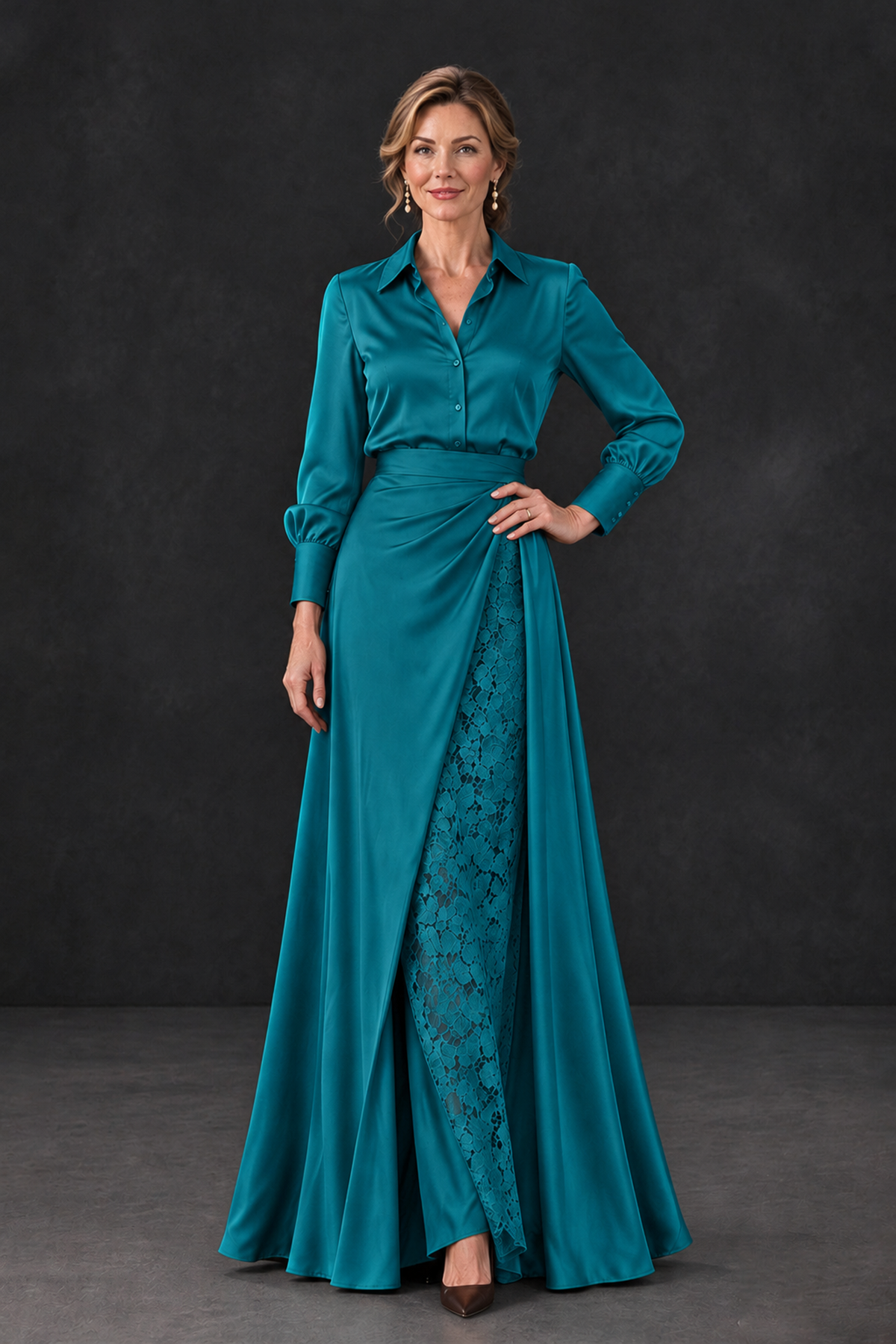 BOLODOO Peacock Long Sleeve Satin-Look Lace Panel Gown - Peacock - Peacock_1
