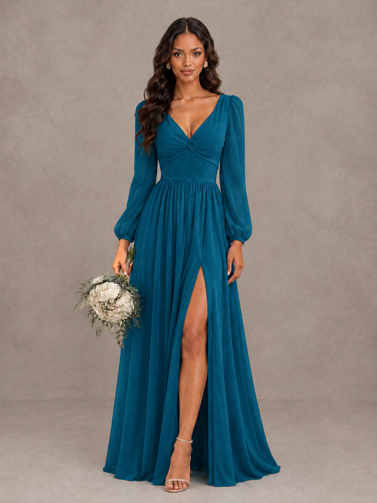 BOLODOO Peacock V-Neck Long Sleeve Bridesmaid Dress with Tie Back and Slit - Peacock - Peacock_1
