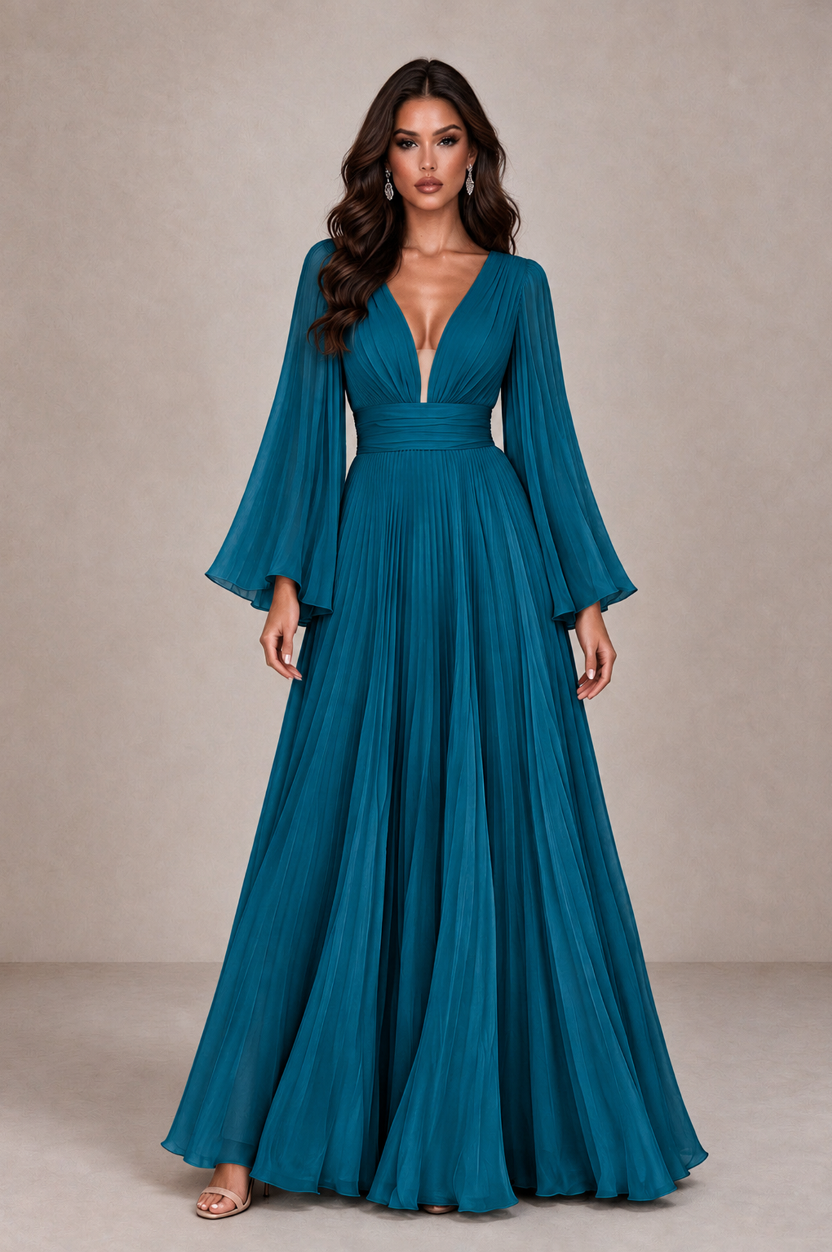 BOLODOO Peacock Pleated Deep V-Neck Long Bell Sleeve Evening Dress - Peacock - Peacock_1