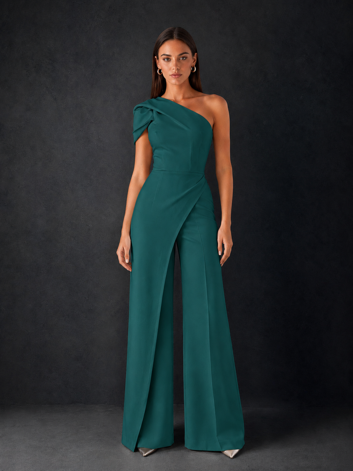 BOLODOO Peacock One-Shoulder Puff Sleeve Wide-Leg Jumpsuit with Front Slit and Open Back - Peacock