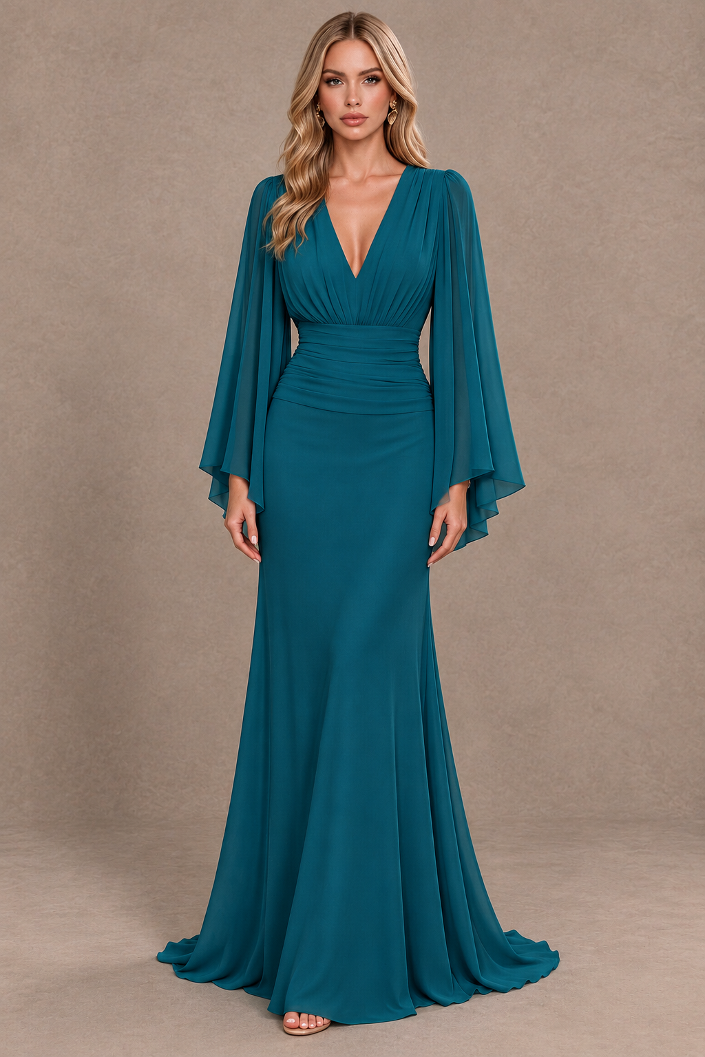 BOLODOO Peacock Cape Sleeve V-Neck Ruched Chiffon Evening Dress - Peacock - Peacock_1