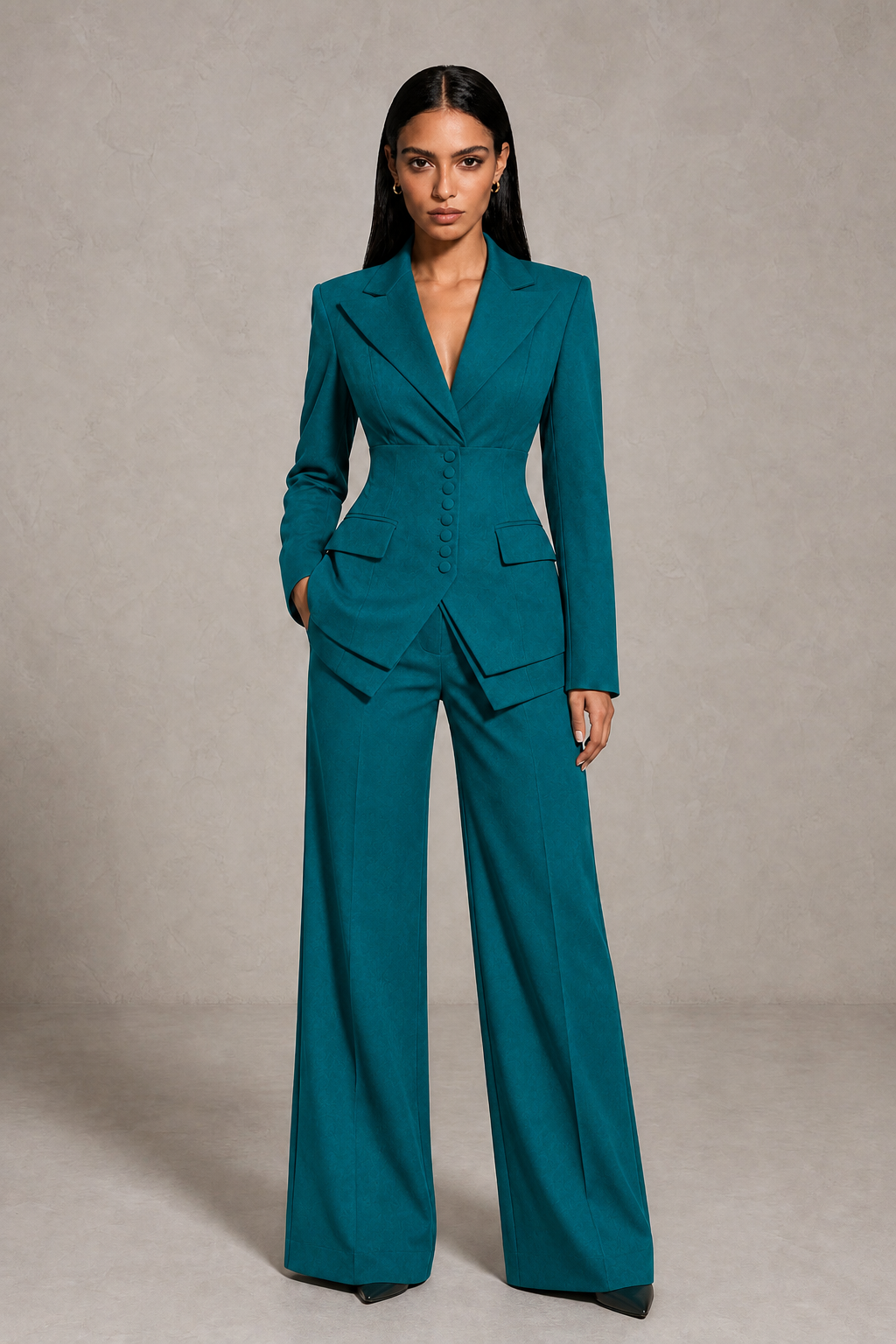 BOLODOO Peacock Cinched Waist Blazer and Wide Leg Pants Two Piece Suit Set - Peacock